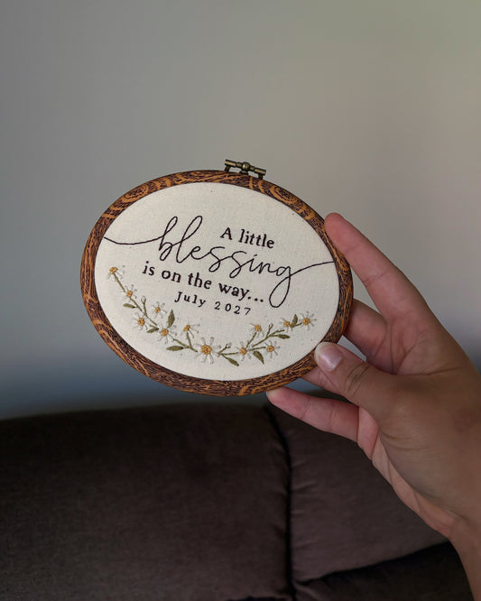 A Little Blessing Is On The Way | Hand Embroidered Pregnancy Announcement Keepsake